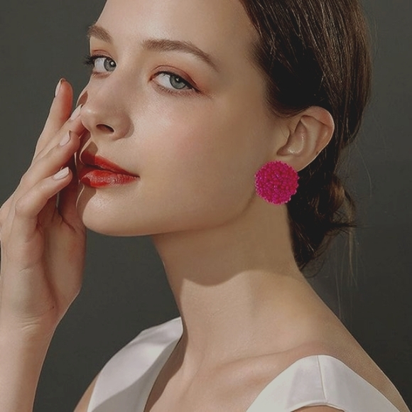 Multicolored Pom Pom Big Beaded Puff Post Earrings Round Seed Bead Bohemian New - Picture 2 of 4